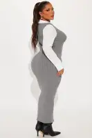 Heather Grey & Mocha Maxi Sweater Dress – Long Sleeve Stretch Knit with Contrast Collar(Heather Grey,XS)