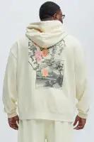 Tan Hoodie Drawstring Long Sleeve Screen Print Japan Cherry Blossom(Tan,S)