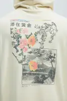 Tan Hoodie Drawstring Long Sleeve Screen Print Japan Cherry Blossom(Tan,S)
