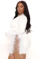 Sexy Rhinestone Mesh Mini Dress with Feather Trim & Deep V-Neck - Black/White(White,XS)