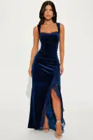 Elegant Navy Velvet Maxi Dress - Sleeveless Sweetheart Neckline with Corset Waist & Ruffle Detail
