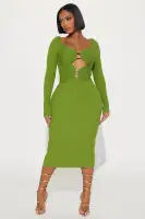 Elegant Green Midi Dress with V-Neck, Puff Sleeves & Gold Hardware Cut-Out Detail