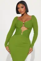 Elegant Green Midi Dress with V-Neck, Puff Sleeves & Gold Hardware Cut-Out Detail(Green,XS)