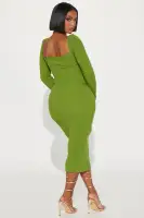 Elegant Green Midi Dress with V-Neck, Puff Sleeves & Gold Hardware Cut-Out Detail(Green,XS)