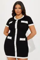 Stylish Black Knit Mini Dress with Contrast Trim & Button Front(Black/combo,XS)