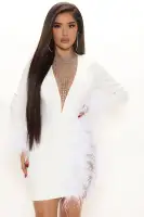 Sexy Rhinestone Mesh Mini Dress with Feather Trim & Deep V-Neck - Black/White(White,XS)