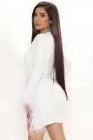 Sexy Rhinestone Mesh Mini Dress with Feather Trim & Deep V-Neck - Black/White(White,XS)