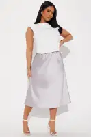 Elegant Grey Satin Midi Dress - High Neck, Sleeveless & Ruched with Stretch