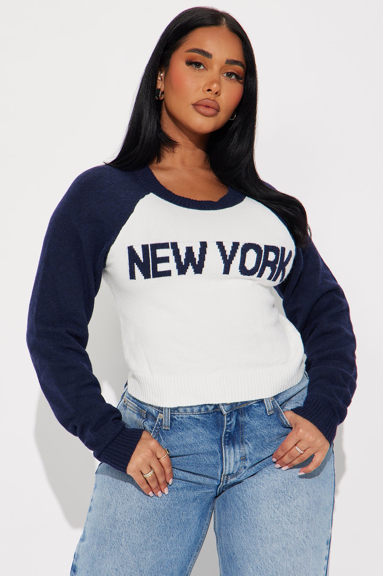 New York Pullover Sweater - Navy/Combo Long Sleeve Crew Neck Ribbed Hem - 42% Rayon Blend