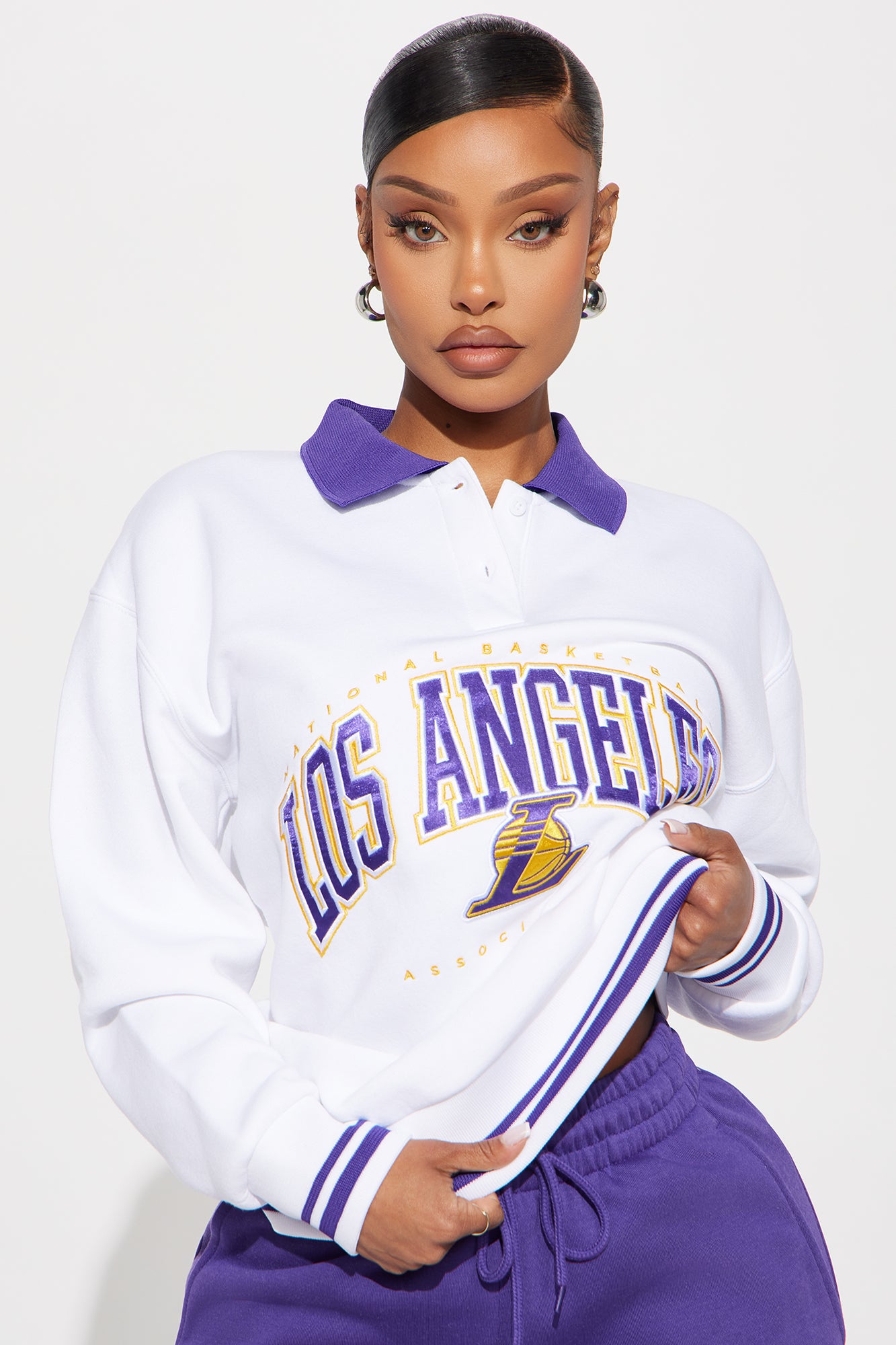 "Lakers Graphic Sweatshirt & Warm-Up Pant Set – White, Long Sleeve, Wide Leg, 60% Cotton