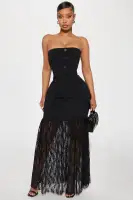 Elegant Black Strapless Maxi Dress with Lace Trim & Faux Buttons – Stretchy Polyester Blend