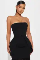 Elegant Black Strapless Maxi Dress with Lace Trim & Faux Buttons – Stretchy Polyester Blend(Black,XS)
