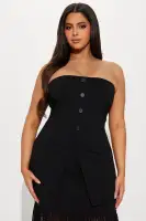 Elegant Black Strapless Maxi Dress with Lace Trim & Faux Buttons – Stretchy Polyester Blend(Black,XS)