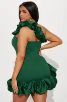 Elegant Black & Hunter Ruffle Mini Dress - Asymmetrical Shoulder Strap & Invisible Zipper(Hunter,XS)