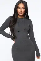 Stylish Hooded Maxi Dress - Bodycon Long Sleeve with Kangaroo Pocket - Black, Charcoal, Olive(Charcoal,S)