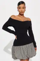 Off-Shoulder Plaid Bubble Mini Dress with Wrap Detail & Long Sleeves