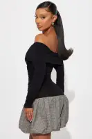 Off-Shoulder Plaid Bubble Mini Dress with Wrap Detail & Long Sleeves(Black/combo,XS)