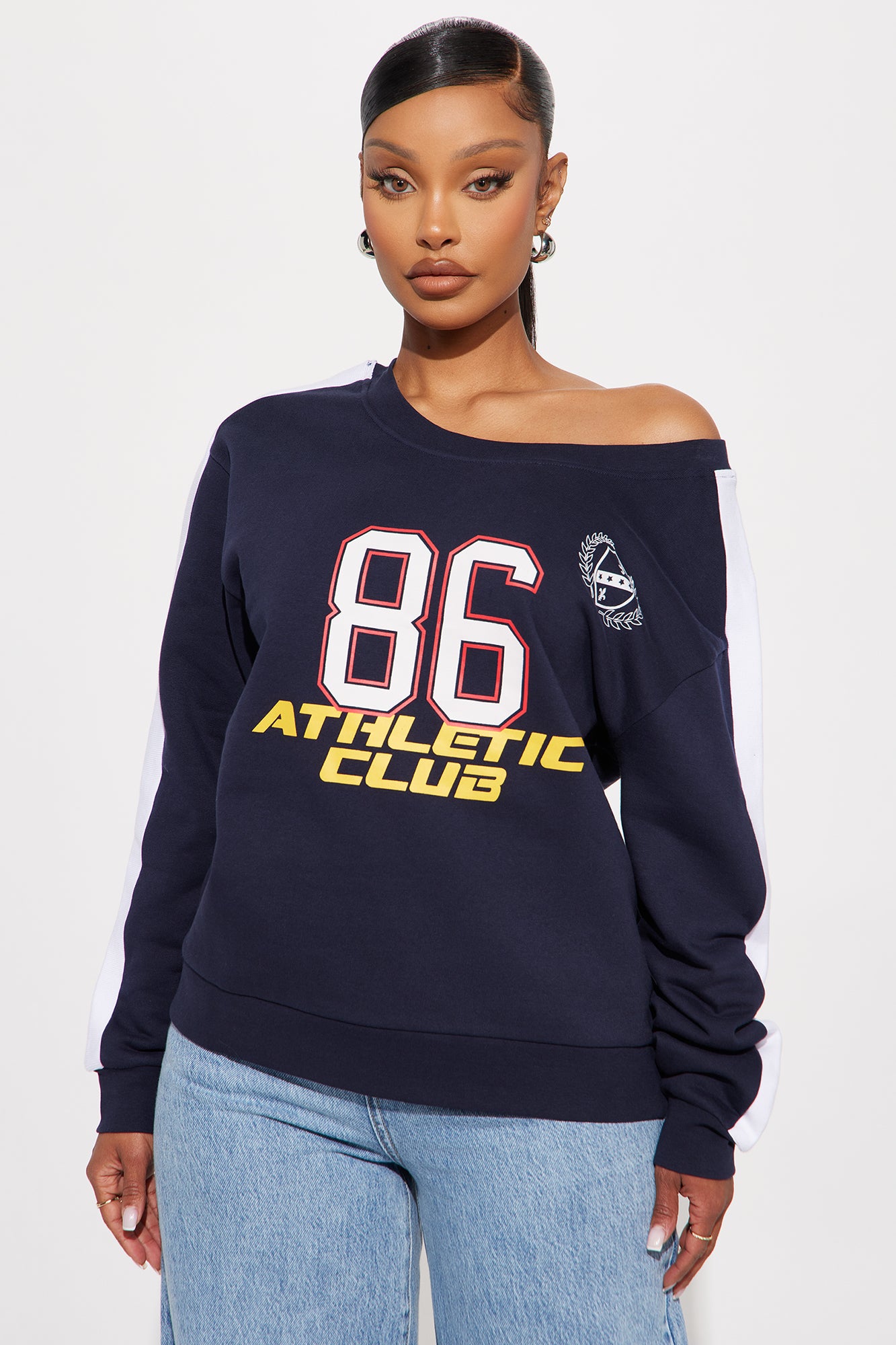 Off-Shoulder Long Sleeve Cotton Top – Navy Stretch Screen Print – Unique & Stylish
