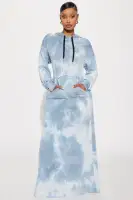 Tie Dye Hooded Maxi Dress with Long Sleeves & Front Pocket – Stretchy & Unique Design (Blue/Combo)