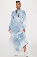 Tie Dye Hooded Maxi Dress with Long Sleeves & Front Pocket – Stretchy & Unique Design (Blue/Combo)(Blue/combo,XS)