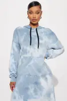 Tie Dye Hooded Maxi Dress with Long Sleeves & Front Pocket – Stretchy & Unique Design (Blue/Combo)(Blue/combo,XS)