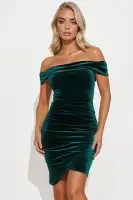 Hunter Mini Velvet Off-Shoulder Dress – Ruched Tulip Hem & Stretchy Comfort (92% Polyester, 8% Spandex)(Hunter,XS)