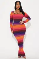 Stylish Striped Sweater Maxi Dress - Long Sleeve Scoop Neck Stretch Knit in Multi Colors