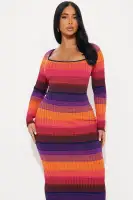 Stylish Striped Sweater Maxi Dress - Long Sleeve Scoop Neck Stretch Knit in Multi Colors(Multi Color,XS)
