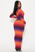 Stylish Striped Sweater Maxi Dress - Long Sleeve Scoop Neck Stretch Knit in Multi Colors(Multi Color,XS)