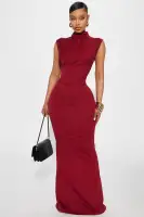 DarkRed Ponte Mock Neck Cap Sleeve Ruched Maxi Dress with Hidden Back Zipper