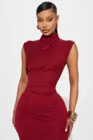 DarkRed Ponte Mock Neck Cap Sleeve Ruched Maxi Dress with Hidden Back Zipper(DarkRed,XS)