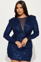 Sequin Mini Dress with Deep V-Neck & Shoulder Pads - Navy/Ivory Stretch Mesh Party Dress(Navy,XS)