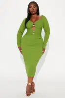 Elegant Green Midi Dress with V-Neck, Puff Sleeves & Gold Hardware Cut-Out Detail(Green,XS)