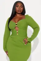 Elegant Green Midi Dress with V-Neck, Puff Sleeves & Gold Hardware Cut-Out Detail(Green,XS)