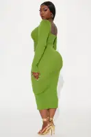 Elegant Green Midi Dress with V-Neck, Puff Sleeves & Gold Hardware Cut-Out Detail(Green,XS)