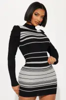Elegant Mock Neck Stripe Sweater Midi Dress – Grey & Taupe Combo, Stretch Long Sleeve