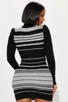 Elegant Mock Neck Stripe Sweater Midi Dress – Grey & Taupe Combo, Stretch Long Sleeve(Grey/combo,S)