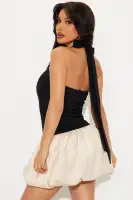 Satin Backless Halter Mini Dress with Bubble Hem - Black & Contrast Trim(Black/combo,XS)