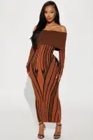 Off-Shoulder Long Sleeve Sweater Maxi Dress – Stretchy & Stylish in Rust/Combo