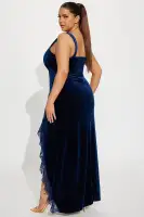 Elegant Navy Velvet Maxi Dress - Sleeveless Sweetheart Neckline with Corset Waist & Ruffle Detail(Navy,XS)