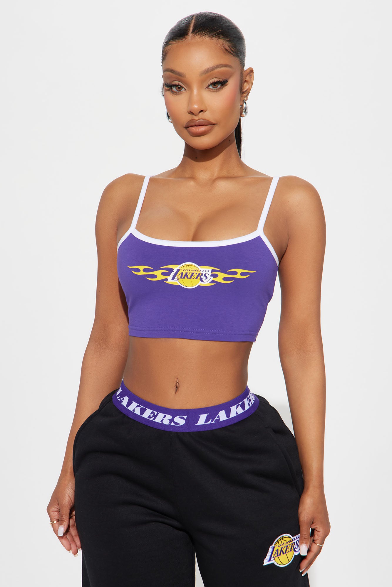 Purple Lakers Graphic Cropped Tank Top - Stretchy Spaghetti Strap Tee (96% Cotton, 4% Spandex)