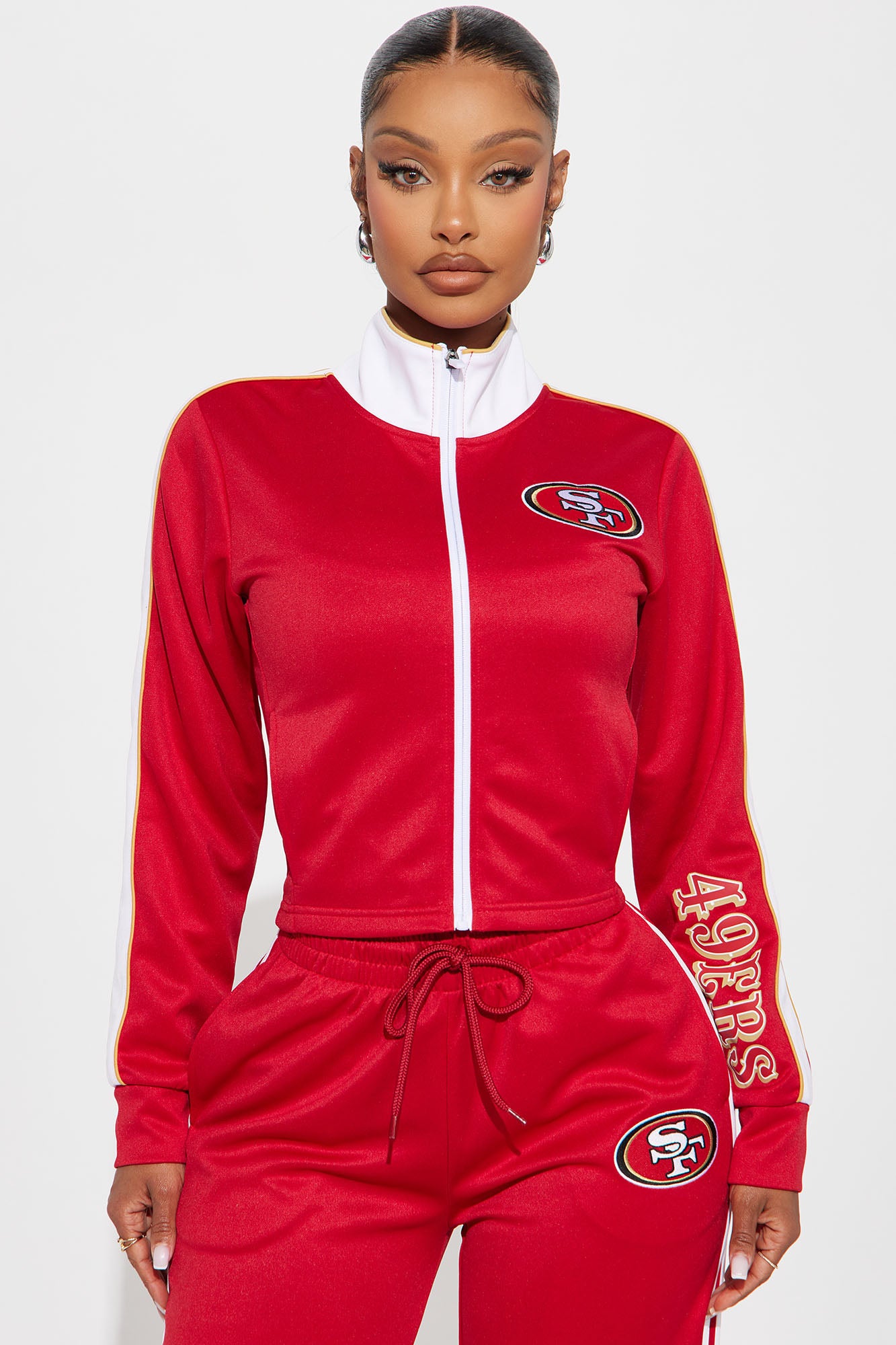 San Francisco 49ers Graphic Zip-Up Hoodie - Red Mock Neck Long Sleeve with Bold Screen Prints