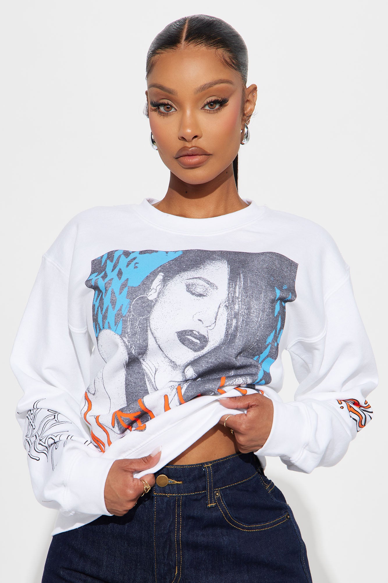 Classic White Crew Neck Long Sleeve Tee – Soft 50% Cotton 50% Polyester Blend – Unique Screen Print Design