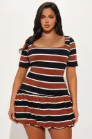 Chic Striped Bubble Mini Dress - Black/Brown Cotton Scoop Neck Cap Sleeves(Black/Brown,XS)