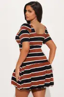 Chic Striped Bubble Mini Dress - Black/Brown Cotton Scoop Neck Cap Sleeves(Black/Brown,XS)