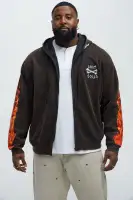 Black Full-Zip Casual Long Sleeve Screen Print Hoodie(Brown,S)