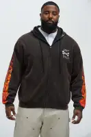 Black Full-Zip Casual Long Sleeve Screen Print Hoodie(Brown,S)