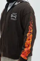 Black Full-Zip Casual Long Sleeve Screen Print Hoodie(Brown,S)
