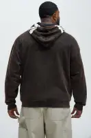 Black Full-Zip Casual Long Sleeve Screen Print Hoodie(Brown,S)