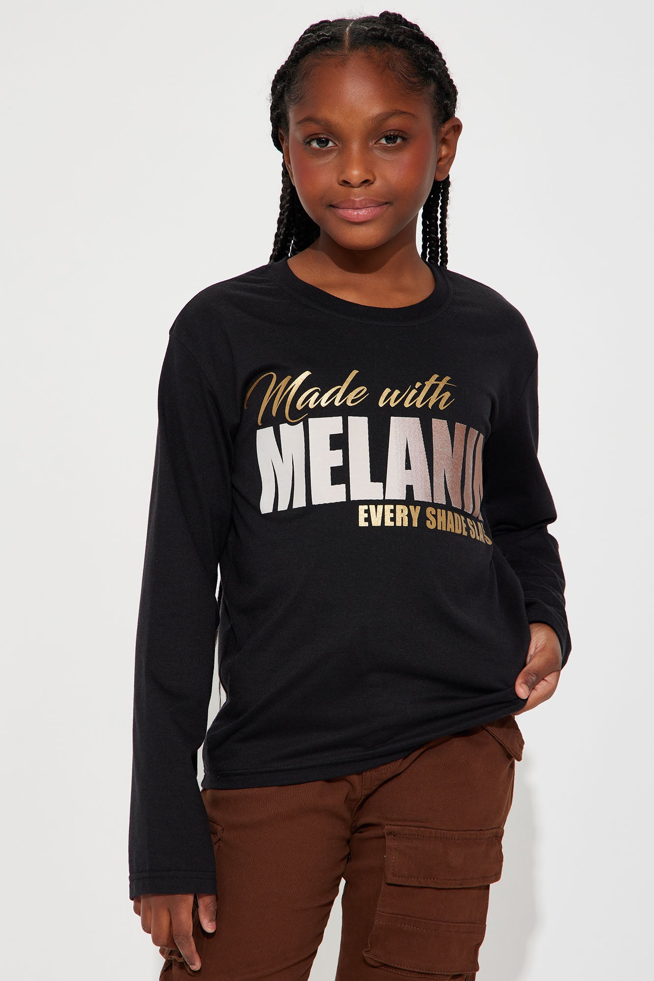 Black Long Sleeve Crew Neck Screen Print 'Made with Melanin' 50% Cotton 50% Polyester Top